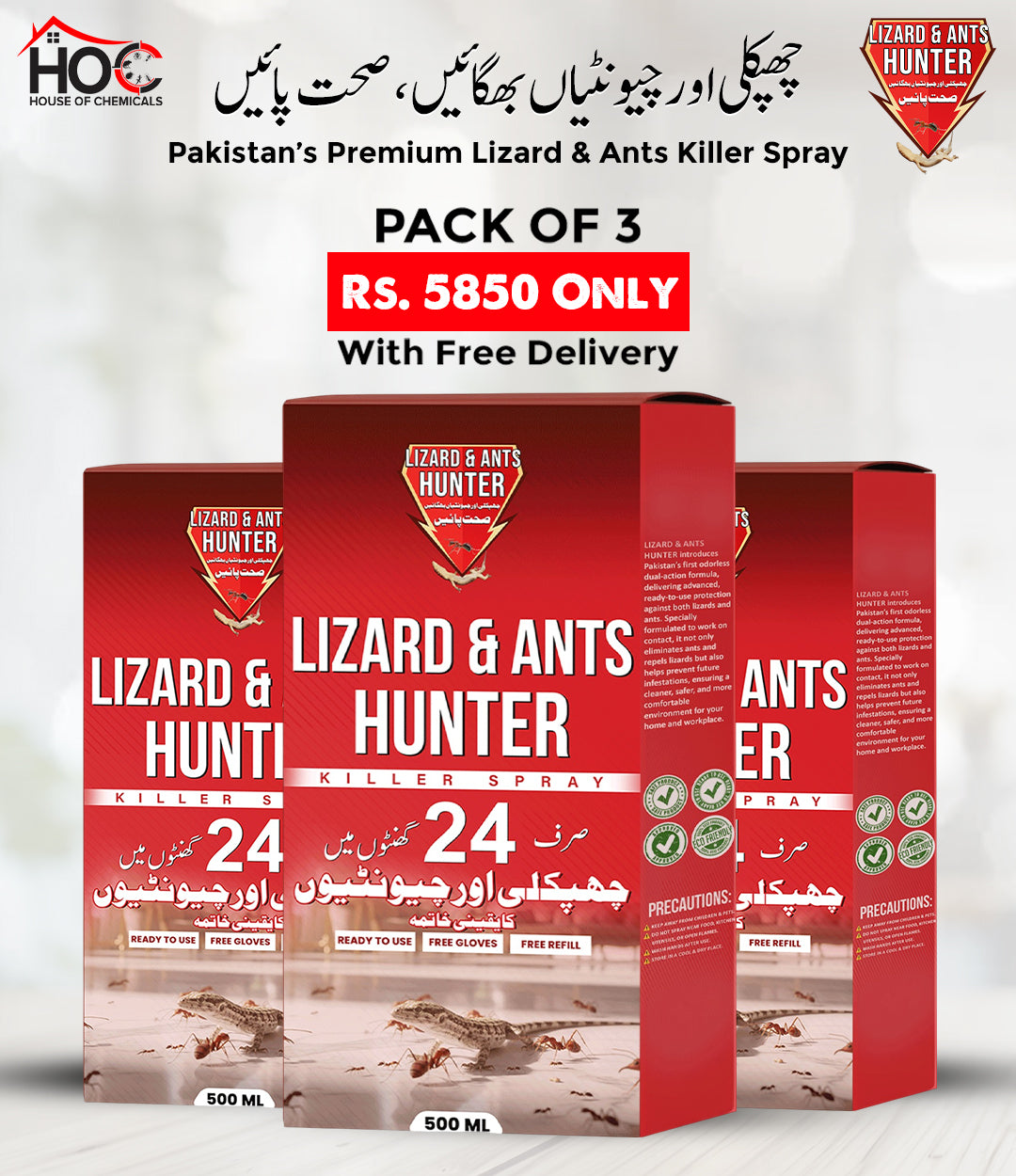 Lizard & Ant Hunter (Chupkali or Chunti) Odourless Killer Spray with Extra Refill & Free Gloves