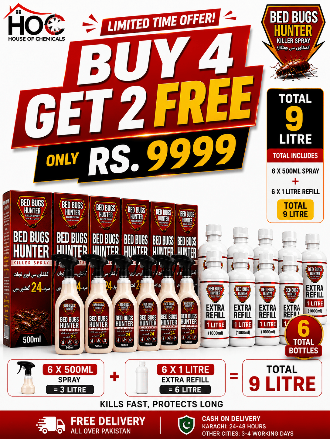BedBug Hunter (Khatmal) Odourless Killer Spray with Extra Refill & Free Gloves - House of Chemicals - Pakistan's Odourless Killer Spray for Termite, Bed Bugs, Cockroach, Lizard, Ant & Mosquitoes