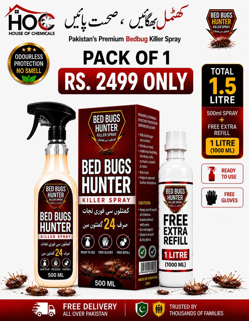 BedBug Hunter (Khatmal) Odourless Killer Spray with Extra Refill & Free Gloves - House of Chemicals - Pakistan's Odourless Killer Spray for Termite, Bed Bugs, Cockroach, Lizard, Ant & Mosquitoes