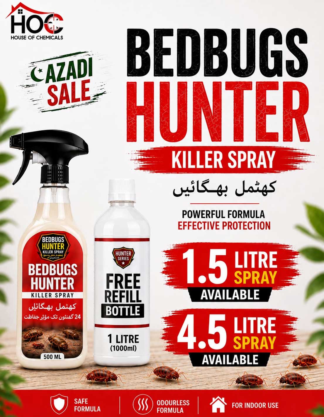 BedBug Hunter (Khatmal) Odourless Killer Spray with Extra Refill & Free Gloves - House of Chemicals - Pakistan's Odourless Killer Spray for Termite, Bed Bugs, Cockroach, Lizard, Ant & Mosquitoes