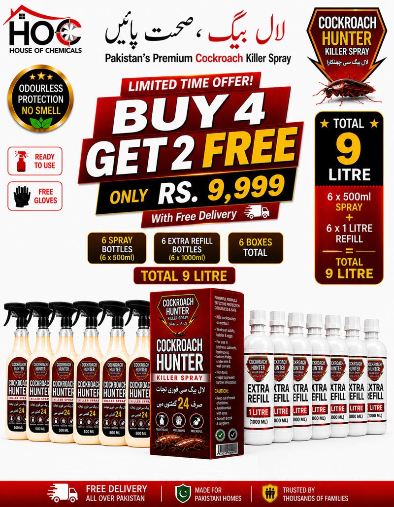 Cockroach Hunter (LalBaig) Odourless Killer Spray with Extra Refill & Free Gloves - House of Chemicals - Pakistan's Odourless Killer Spray for Termite, Bed Bugs, Cockroach, Lizard, Ant & Mosquitoes