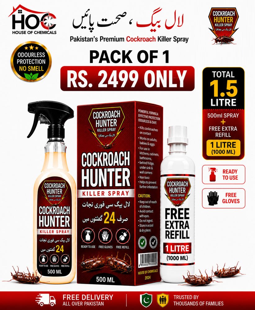 Cockroach Hunter (LalBaig) Odourless Killer Spray with Extra Refill & Free Gloves - House of Chemicals - Pakistan's Odourless Killer Spray for Termite, Bed Bugs, Cockroach, Lizard, Ant & Mosquitoes