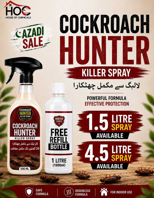 Cockroach Hunter (LalBaig) Odourless Killer Spray with Extra Refill & Free Gloves - House of Chemicals - Pakistan's Odourless Killer Spray for Termite, Bed Bugs, Cockroach, Lizard, Ant & Mosquitoes