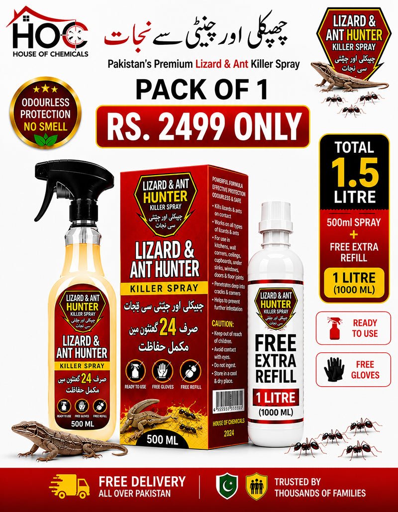 Lizard & Ant Hunter (Chupkali or Chunti) Odourless Killer Spray with Extra Refill & Free Gloves - House of Chemicals - Pakistan's Odourless Killer Spray for Termite, Bed Bugs, Cockroach, Lizard, Ant & Mosquitoes