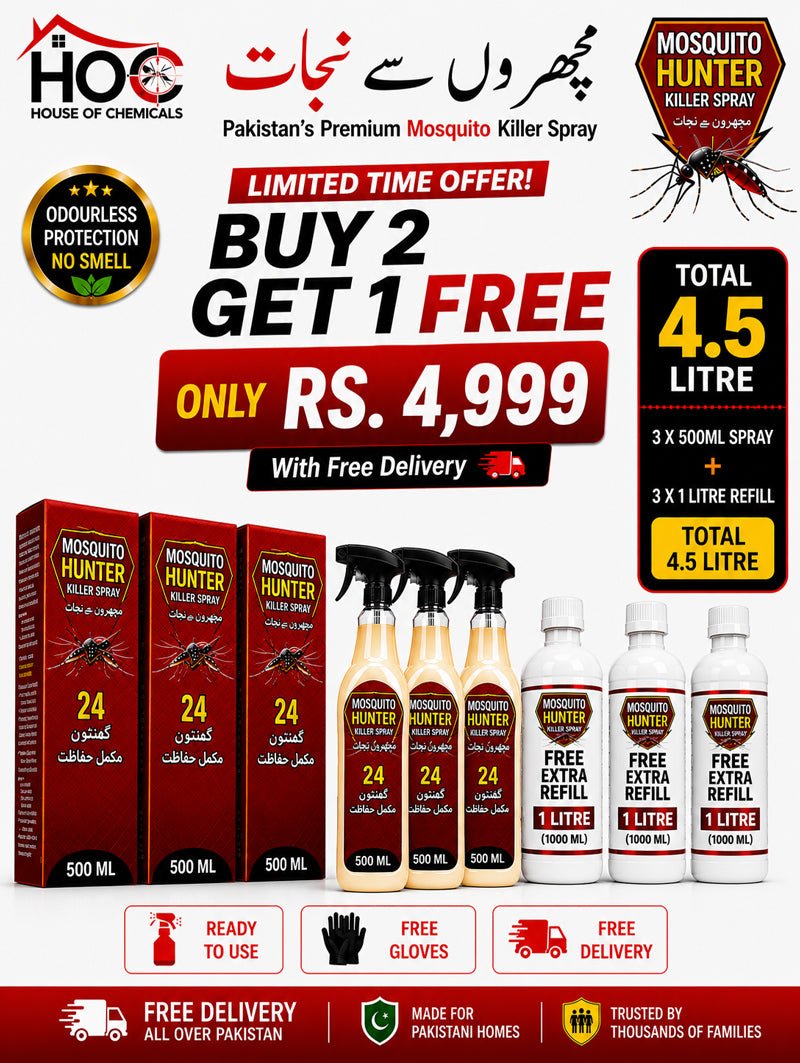 Mosquito Hunter (Machar) Odourless Killer Spray with Extra Refill & Free Gloves - House of Chemicals - Pakistan's Odourless Killer Spray for Termite, Bed Bugs, Cockroach, Lizard, Ant & Mosquitoes