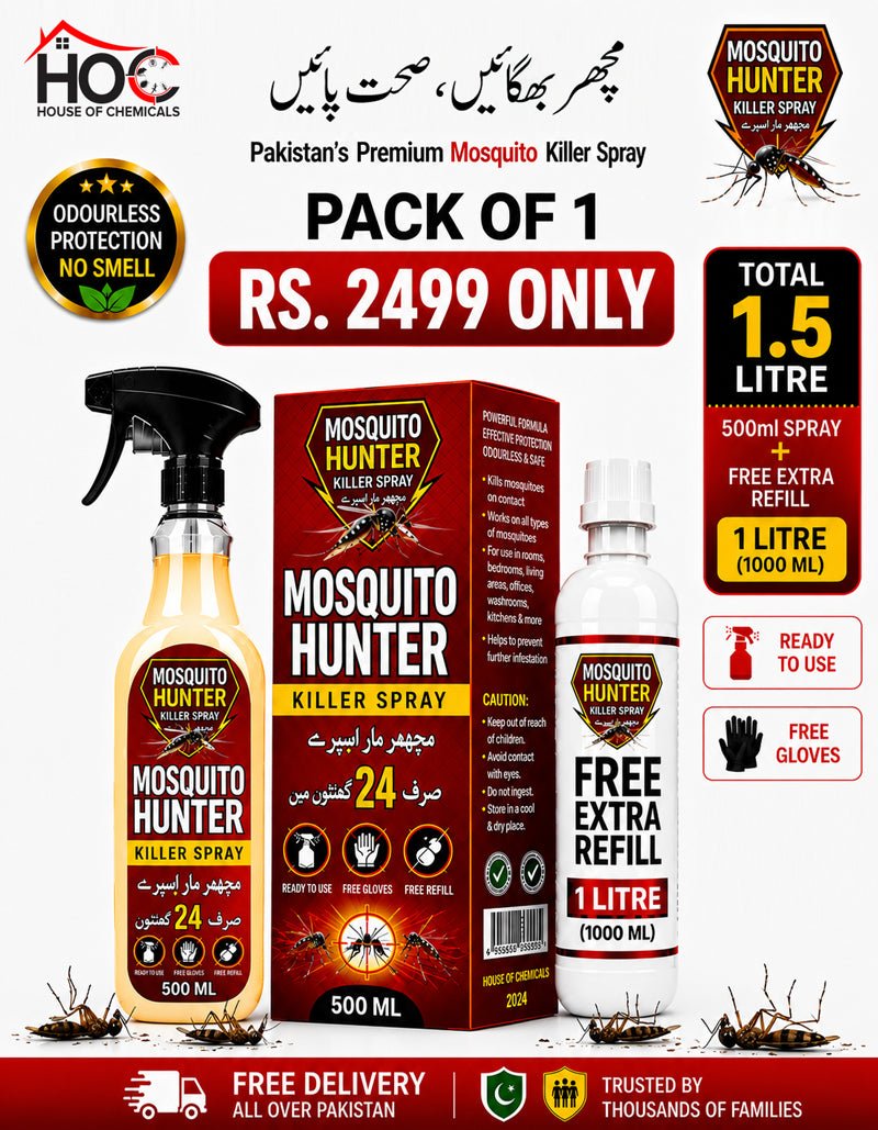 Mosquito Hunter (Machar) Odourless Killer Spray with Extra Refill & Free Gloves - House of Chemicals - Pakistan's Odourless Killer Spray for Termite, Bed Bugs, Cockroach, Lizard, Ant & Mosquitoes