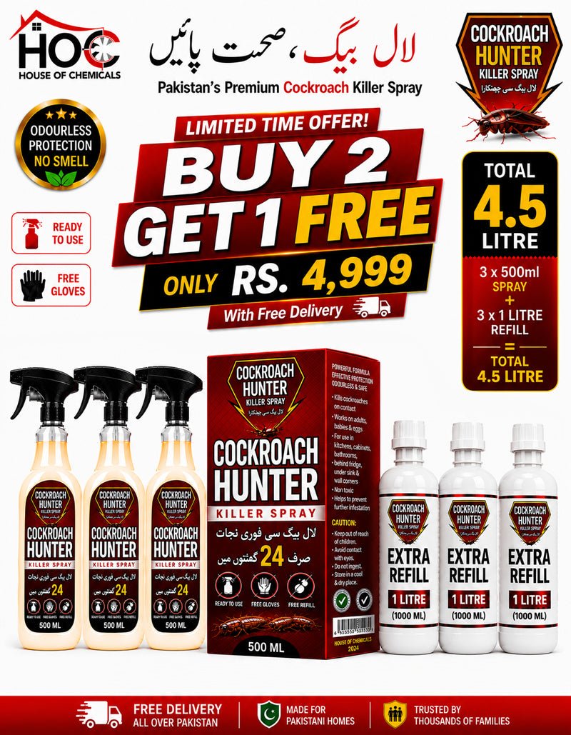Cockroach Hunter (LalBaig) Odourless Killer Spray with Extra Refill & Free Gloves - House of Chemicals - Pakistan's Odourless Killer Spray for Termite, Bed Bugs, Cockroach, Lizard, Ant & Mosquitoes
