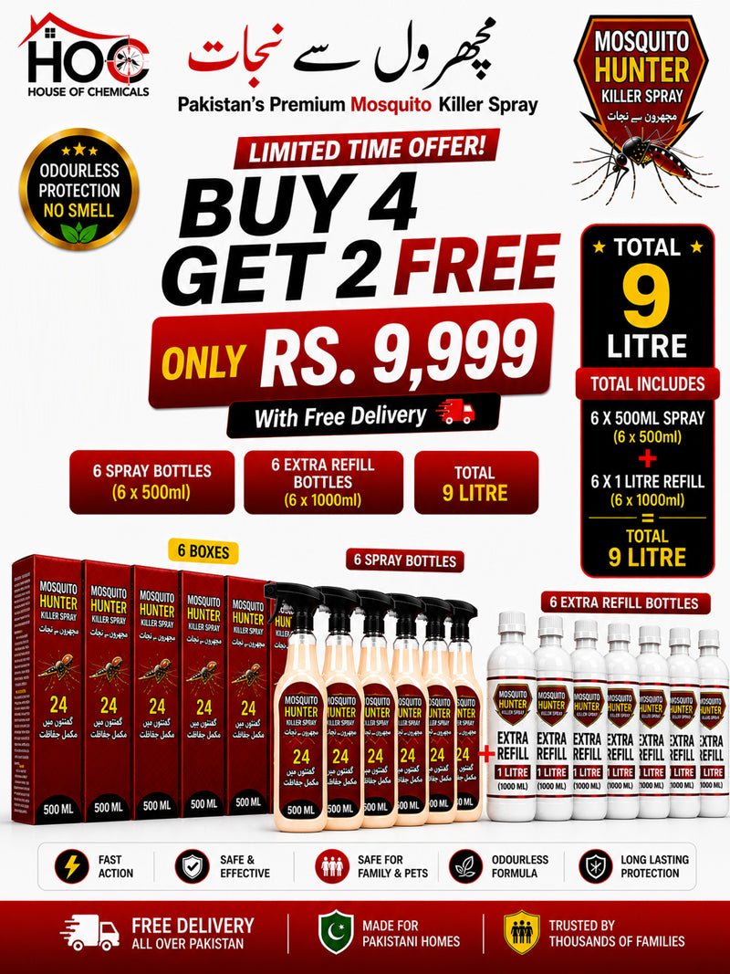 Mosquito Hunter (Machar) Odourless Killer Spray with Extra Refill & Free Gloves - House of Chemicals - Pakistan's Odourless Killer Spray for Termite, Bed Bugs, Cockroach, Lizard, Ant & Mosquitoes