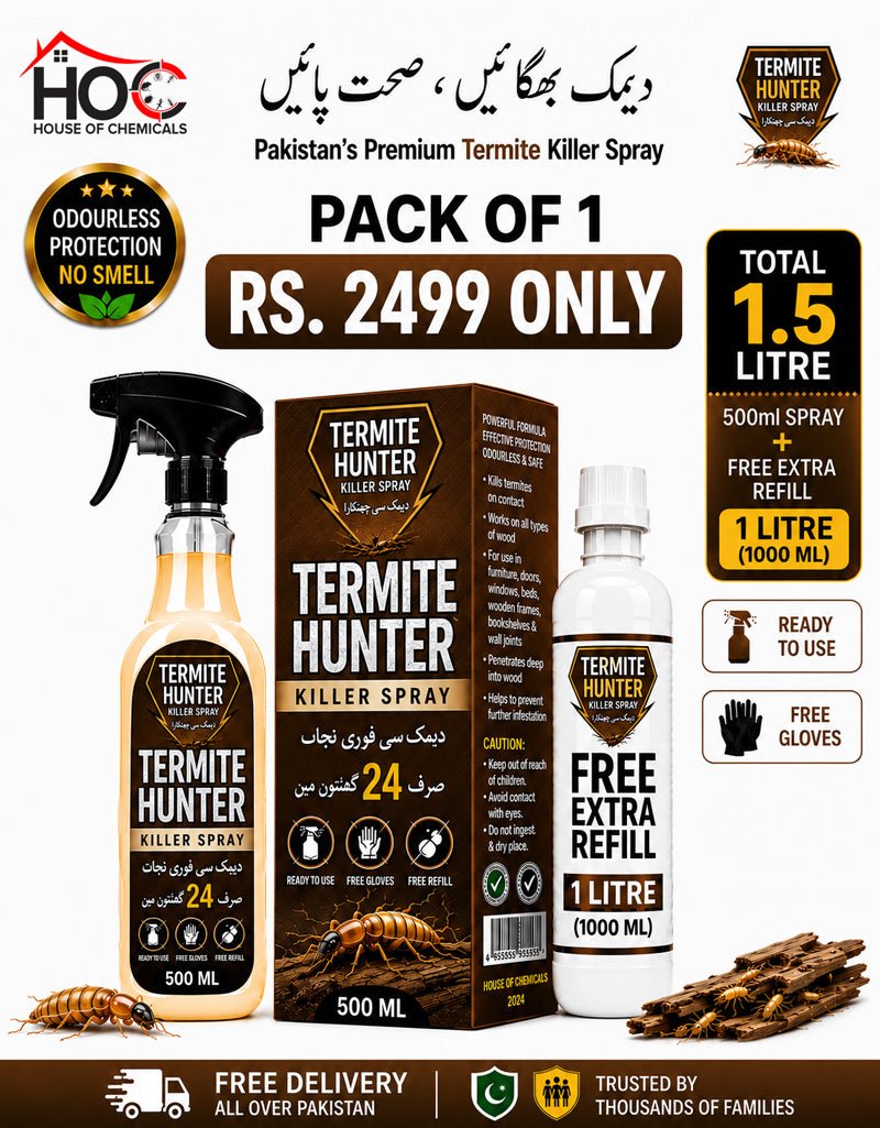 Termite Hunter (Deemak) Odourless Killer Spray with Extra Refill & Free Gloves - House of Chemicals - Pakistan's Odourless Killer Spray for Termite, Bed Bugs, Cockroach, Lizard, Ant & Mosquitoes