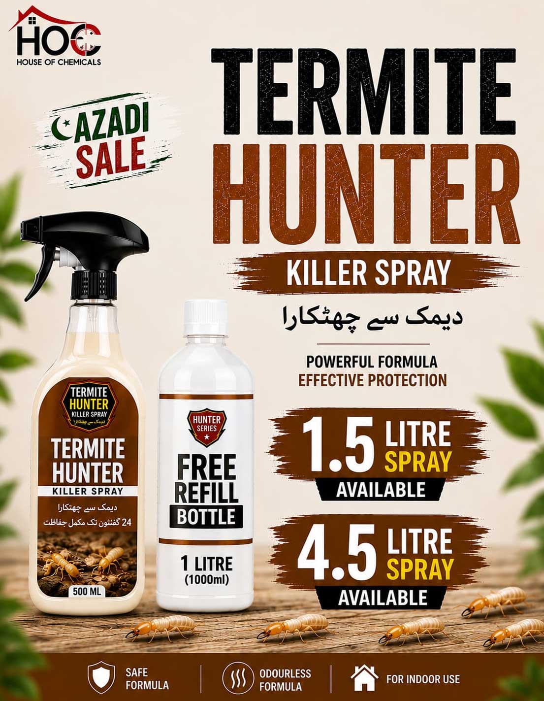 Termite Hunter (Deemak) Odourless Killer Spray with Extra Refill & Free Gloves - House of Chemicals - Pakistan's Odourless Killer Spray for Termite, Bed Bugs, Cockroach, Lizard, Ant & Mosquitoes