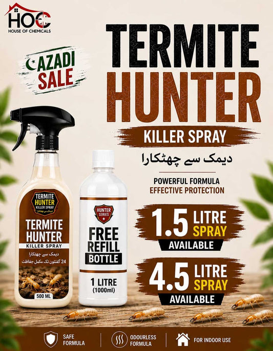 Termite Hunter (Deemak) Odourless Killer Spray with Extra Refill & Free Gloves - House of Chemicals - Pakistan's Odourless Killer Spray for Termite, Bed Bugs, Cockroach, Lizard, Ant & Mosquitoes