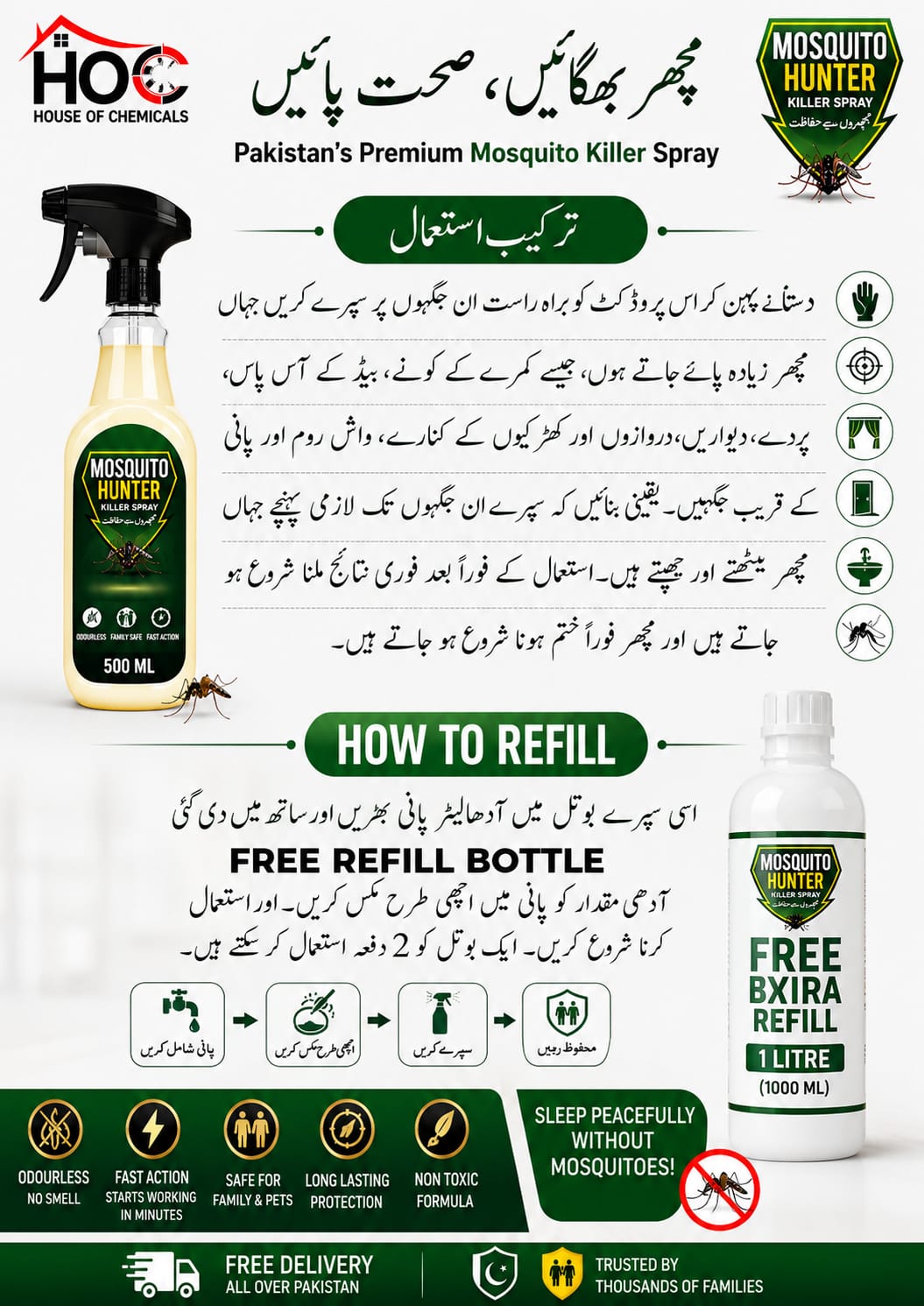 Mosquito Hunter (Machar) Odourless Killer Spray with Extra Refill & Free Gloves - House of Chemicals - Pakistan's Odourless Killer Spray for Termite, Bed Bugs, Cockroach, Lizard, Ant & Mosquitoes