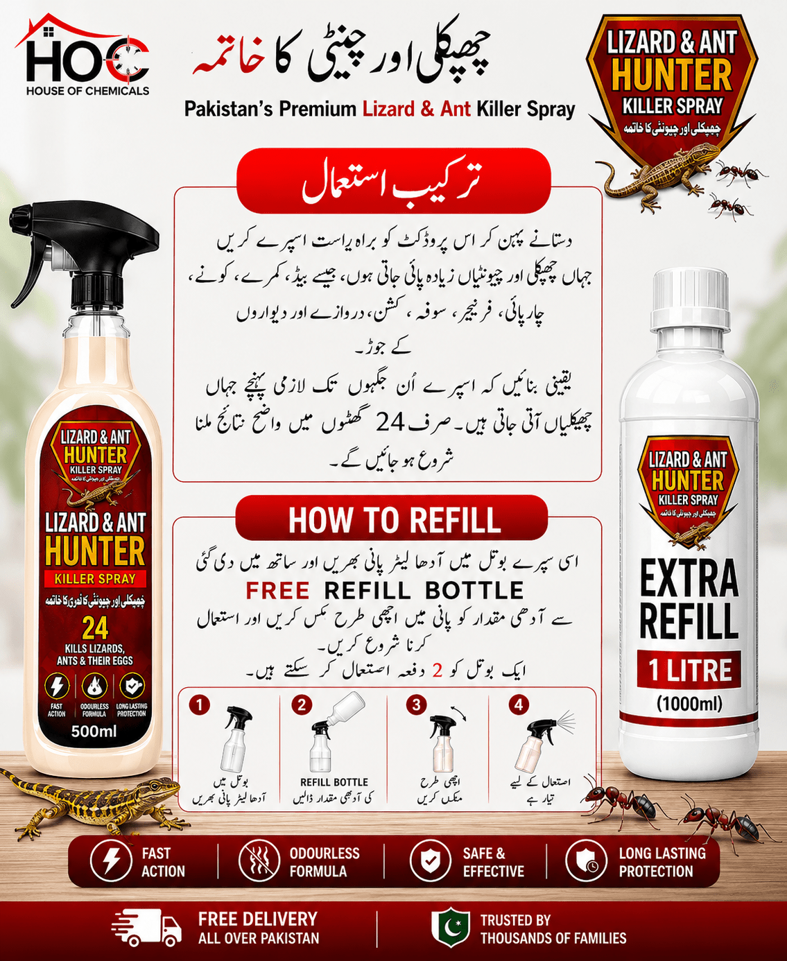 Lizard & Ant Hunter (Chupkali or Chunti) Odourless Killer Spray with Extra Refill & Free Gloves - House of Chemicals - Pakistan's Odourless Killer Spray for Termite, Bed Bugs, Cockroach, Lizard, Ant & Mosquitoes