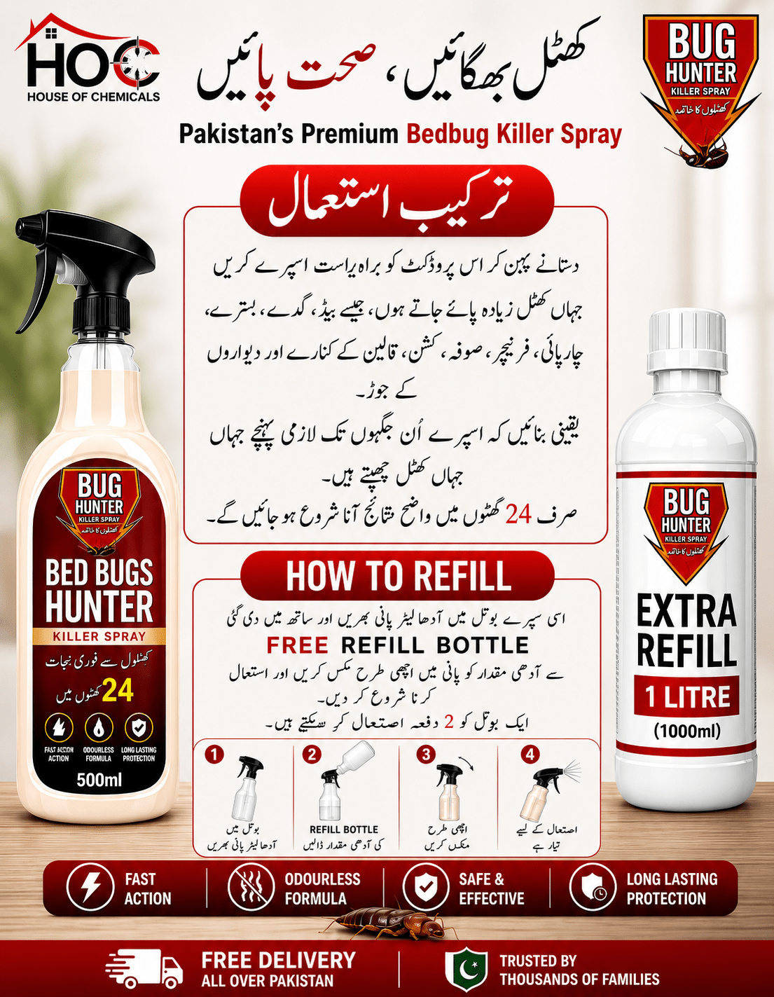 BedBug Hunter (Khatmal) Odourless Killer Spray with Extra Refill & Free Gloves - House of Chemicals - Pakistan's Odourless Killer Spray for Termite, Bed Bugs, Cockroach, Lizard, Ant & Mosquitoes